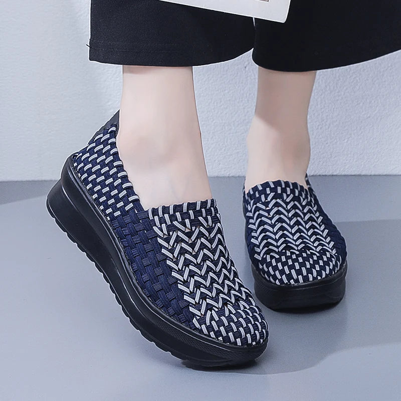 Women’s Woven Slip-On Loafers – Elastic Platform Comfort Shoes