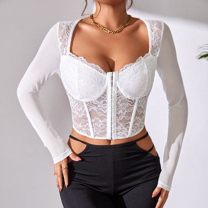Women’s Lace Mesh V-Neck Corset Top – Button-Up Design