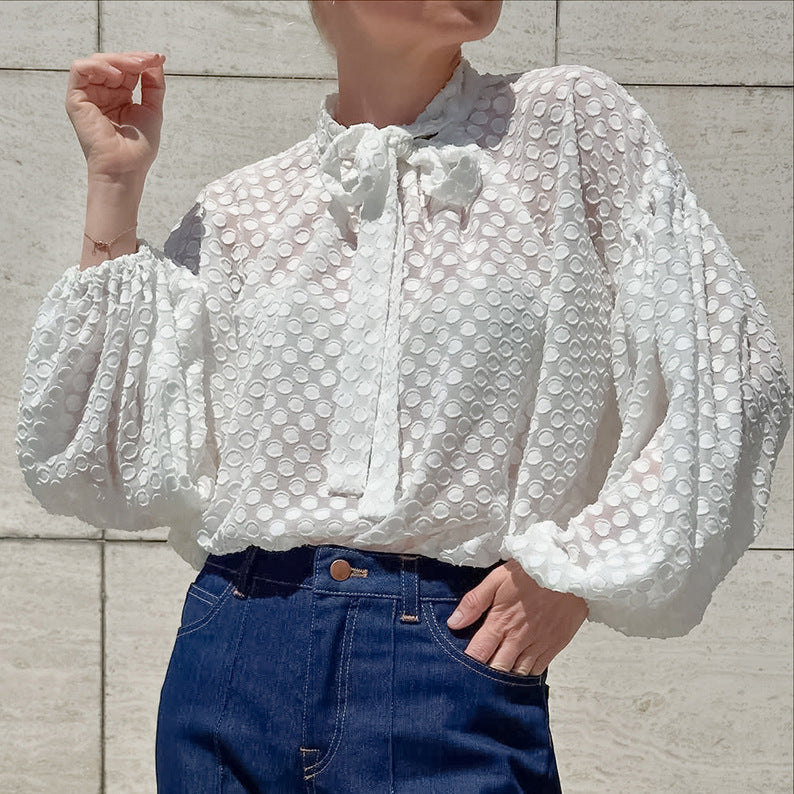 Elegant Polka Dot Lace Top for Women – Long Sleeve