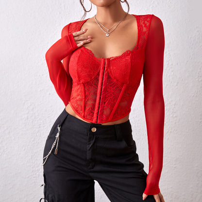 Women’s Lace Mesh V-Neck Corset Top – Button-Up Design