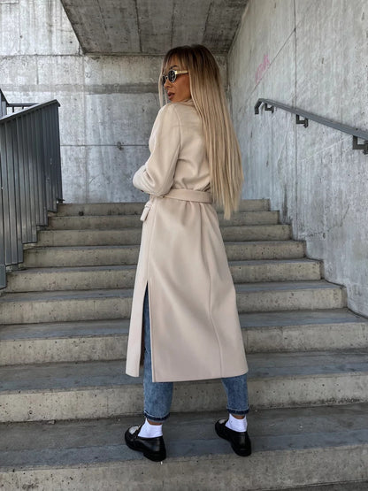 Women’s Double-Breasted Belted Winter Coat – Elegant Lapel Long Jacket