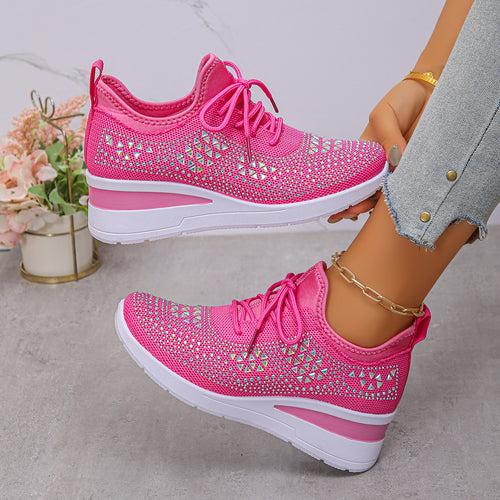 Women’s Rhinestone Wedge Sneakers – Fashion Lace-Up Casual Shoes