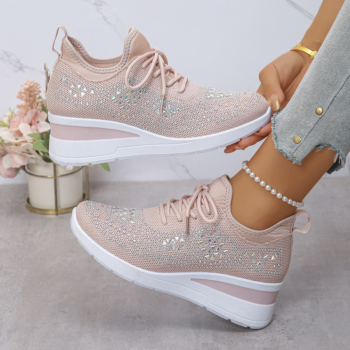 Women’s Rhinestone Wedge Sneakers – Fashion Lace-Up Casual Shoes
