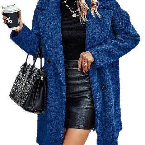 Women’s Plush Button Coat – Long Sleeve with Pockets