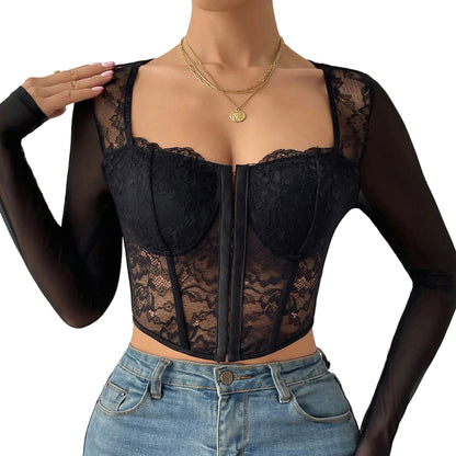 Women’s Lace Mesh V-Neck Corset Top – Button-Up Design