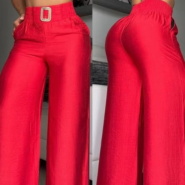 Elegant High-Waist Wide Leg Pants with Metal Decoration