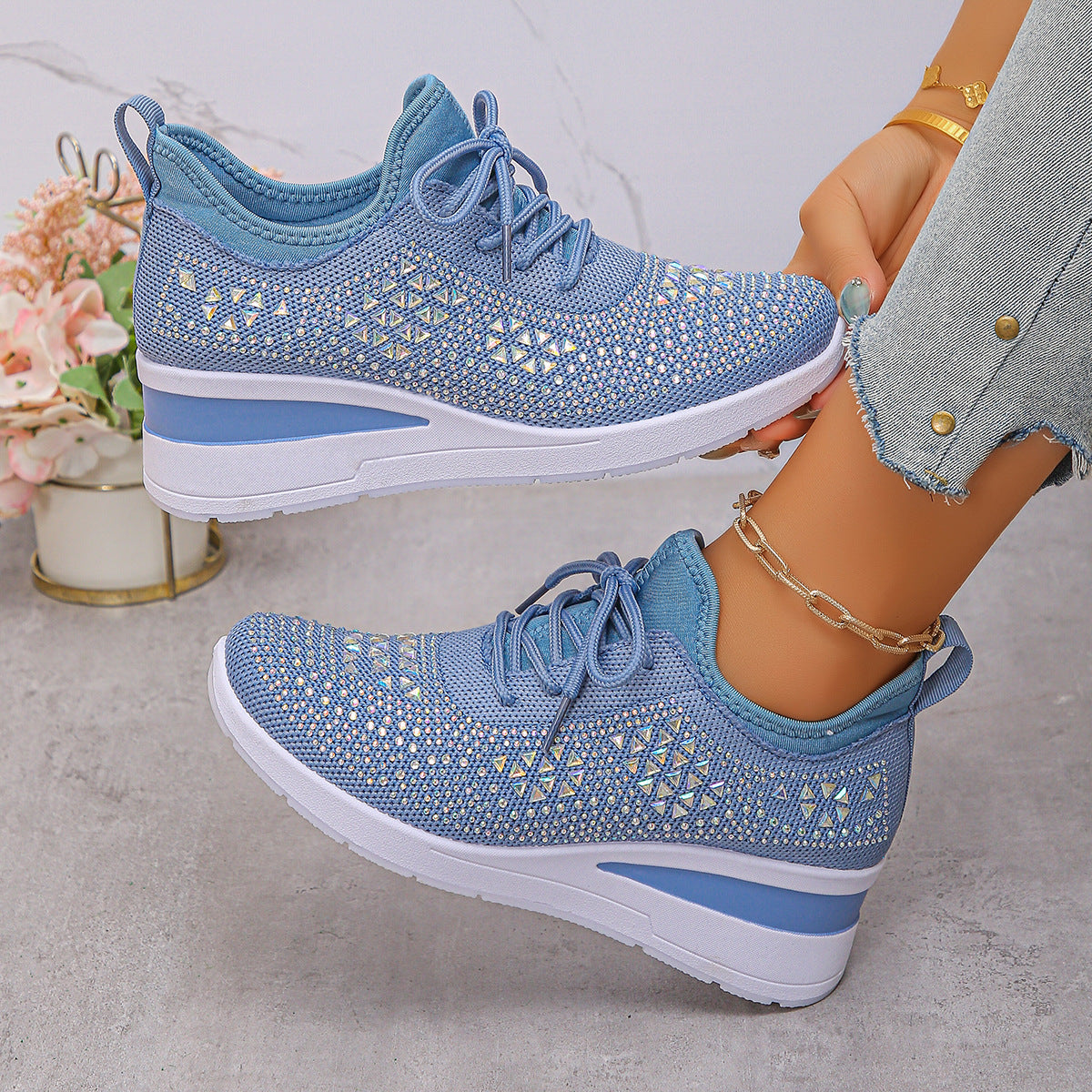 Women’s Rhinestone Wedge Sneakers – Fashion Lace-Up Casual Shoes