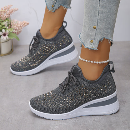 Women’s Rhinestone Wedge Sneakers – Fashion Lace-Up Casual Shoes