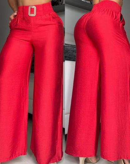 Elegant High-Waist Wide Leg Pants with Metal Decoration