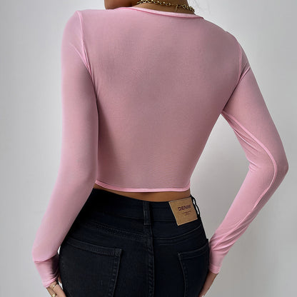 Women’s Lace Mesh V-Neck Corset Top – Button-Up Design