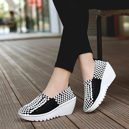 Women’s Woven Slip-On Loafers – Elastic Platform Comfort Shoes