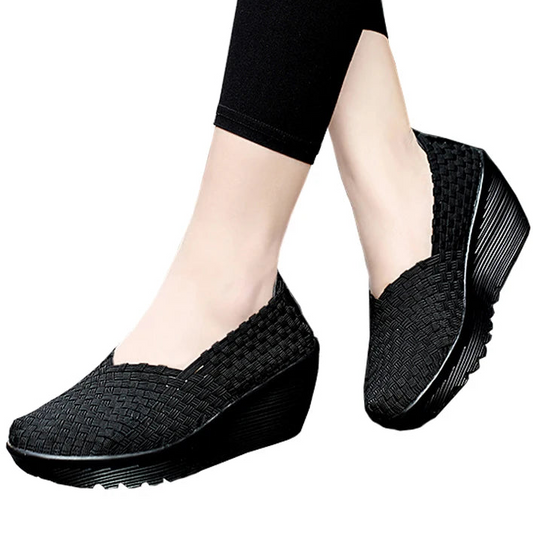 Women’s Woven Slip-On Loafers – Elastic Platform Comfort Shoes