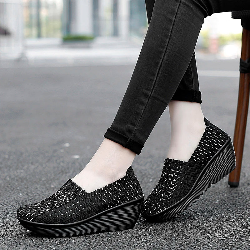 Women’s Woven Slip-On Loafers – Elastic Platform Comfort Shoes