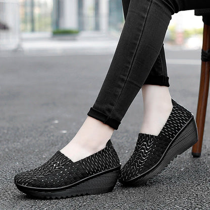 Women’s Woven Slip-On Loafers – Elastic Platform Comfort Shoes