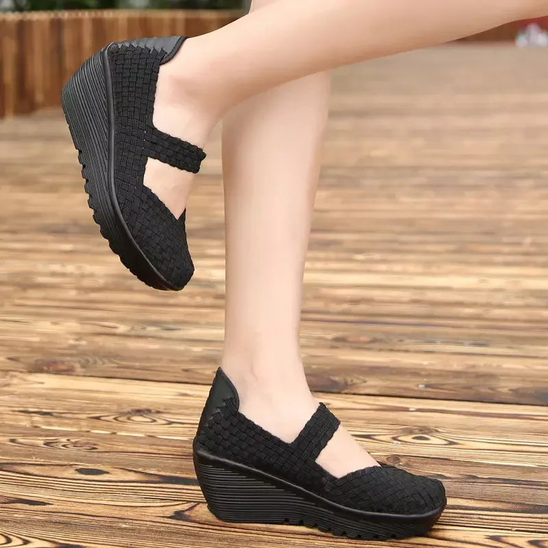 Women’s Woven Slip-On Loafers – Elastic Platform Comfort Shoes