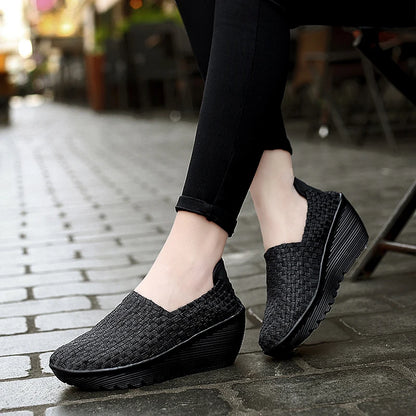 Women’s Woven Slip-On Loafers – Elastic Platform Comfort Shoes