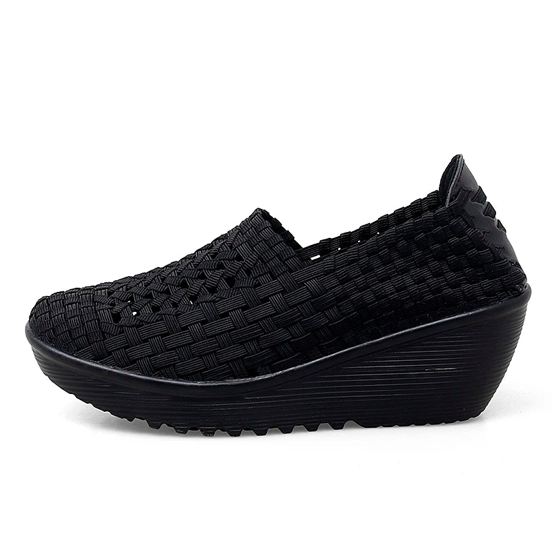 Women’s Woven Slip-On Loafers – Elastic Platform Comfort Shoes