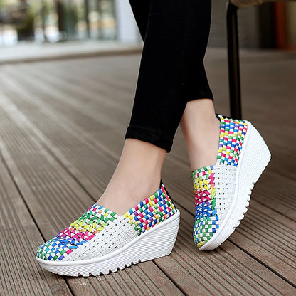 Women’s Woven Slip-On Loafers – Elastic Platform Comfort Shoes