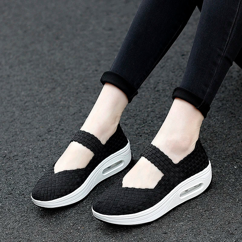 Women’s Woven Slip-On Loafers – Elastic Platform Comfort Shoes