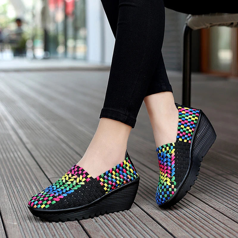 Women’s Woven Slip-On Loafers – Elastic Platform Comfort Shoes