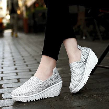 Women’s Woven Slip-On Loafers – Elastic Platform Comfort Shoes