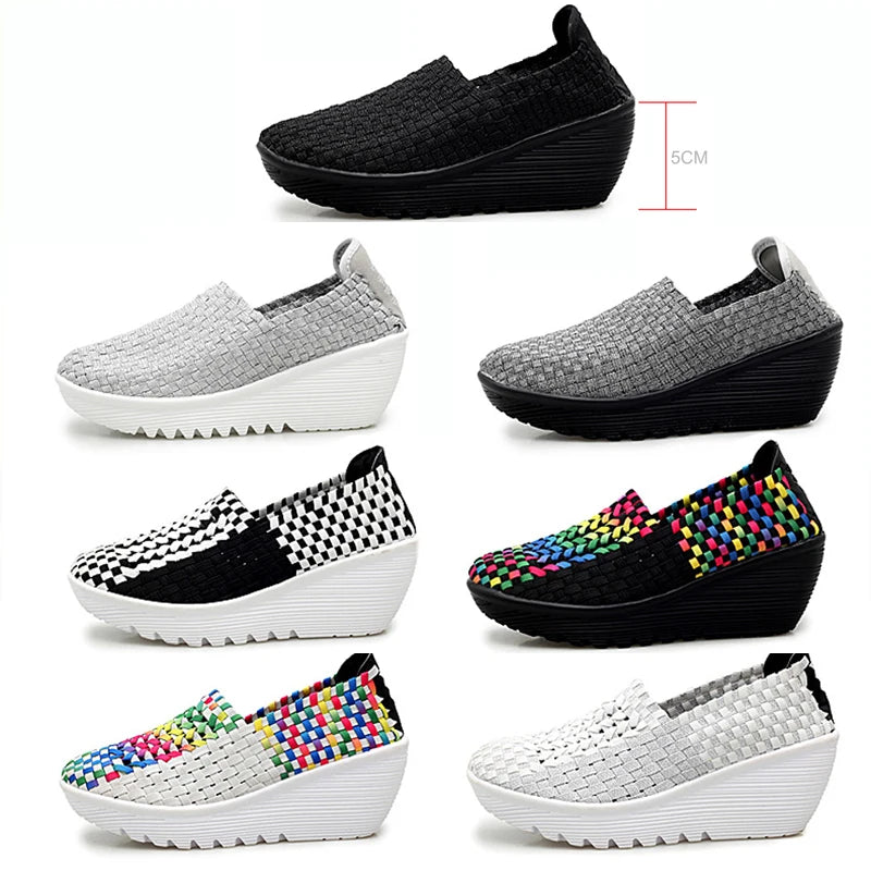 Women’s Woven Slip-On Loafers – Elastic Platform Comfort Shoes