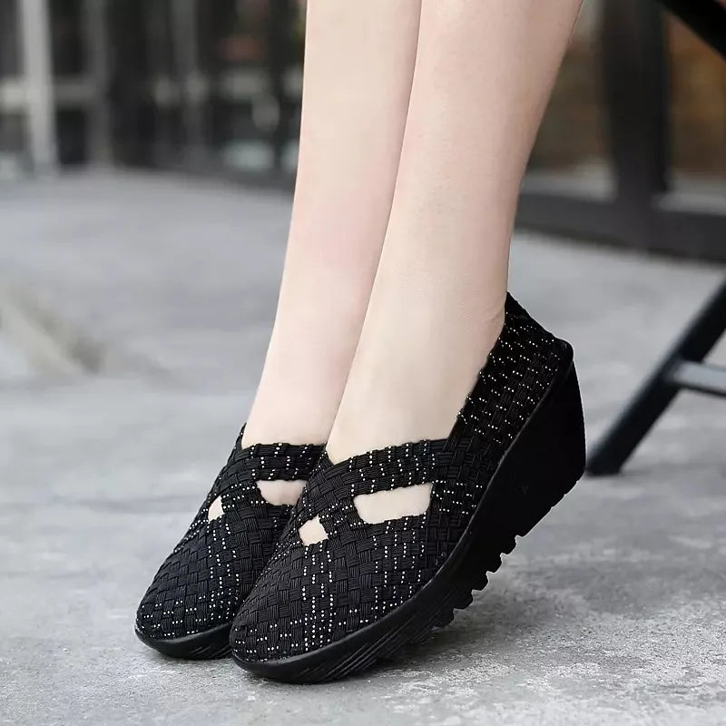 Women’s Woven Slip-On Loafers – Elastic Platform Comfort Shoes