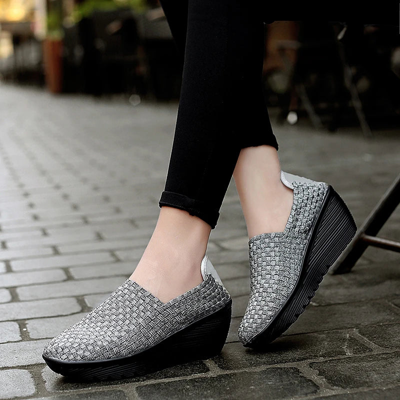 Women’s Woven Slip-On Loafers – Elastic Platform Comfort Shoes
