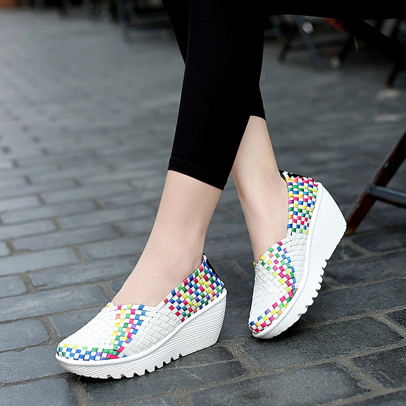 Women’s Woven Slip-On Loafers – Elastic Platform Comfort Shoes