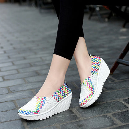 Women’s Woven Slip-On Loafers – Elastic Platform Comfort Shoes