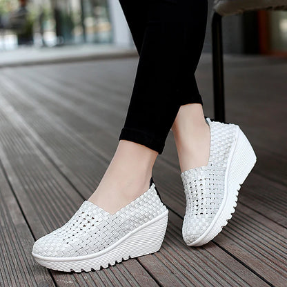 Women’s Woven Slip-On Loafers – Elastic Platform Comfort Shoes