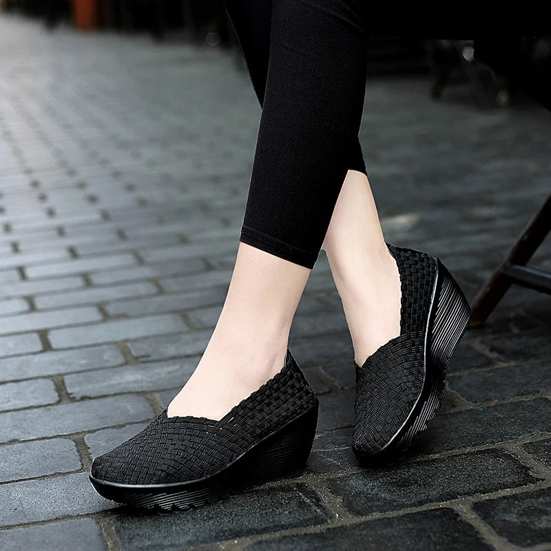 Women’s Woven Slip-On Loafers – Elastic Platform Comfort Shoes