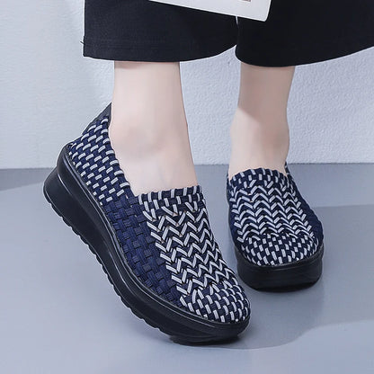 Women’s Woven Slip-On Loafers – Elastic Platform Comfort Shoes