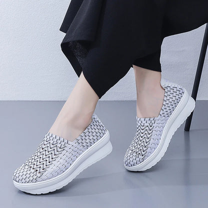Women’s Woven Slip-On Loafers – Elastic Platform Comfort Shoes