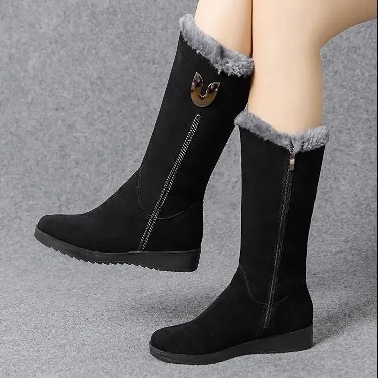 Women’s Winter Fur Boots – Cozy Flat Mid-Calf Design
