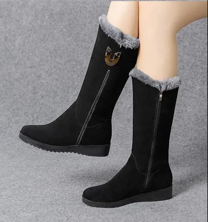Women’s Winter Fur Boots – Cozy Flat Mid-Calf Design