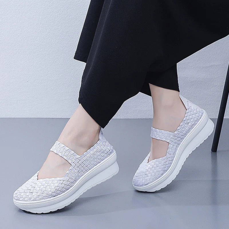 Women’s Woven Slip-On Loafers – Elastic Platform Comfort Shoes