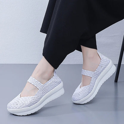 Women’s Woven Slip-On Loafers – Elastic Platform Comfort Shoes