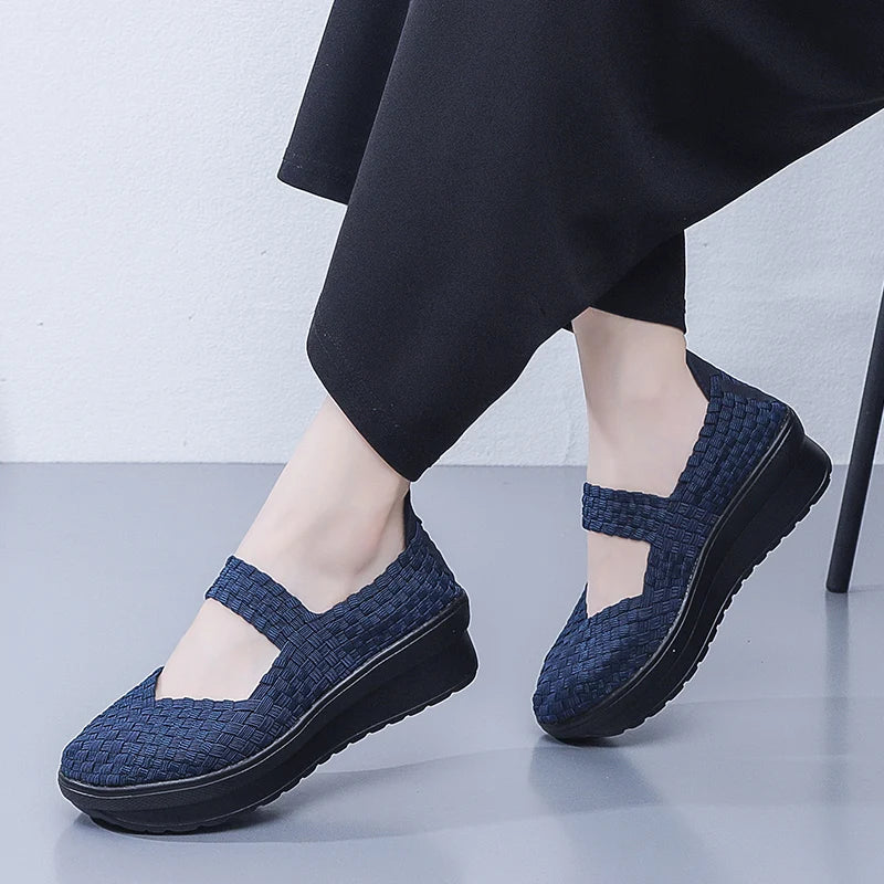 Women’s Woven Slip-On Loafers – Elastic Platform Comfort Shoes