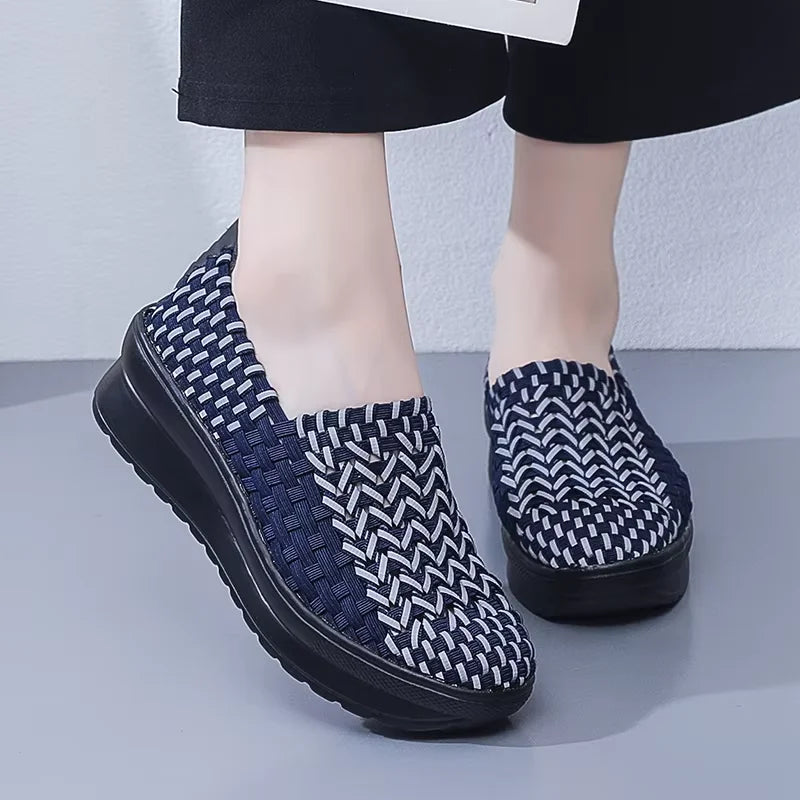 Women’s Woven Slip-On Loafers – Elastic Platform Comfort Shoes