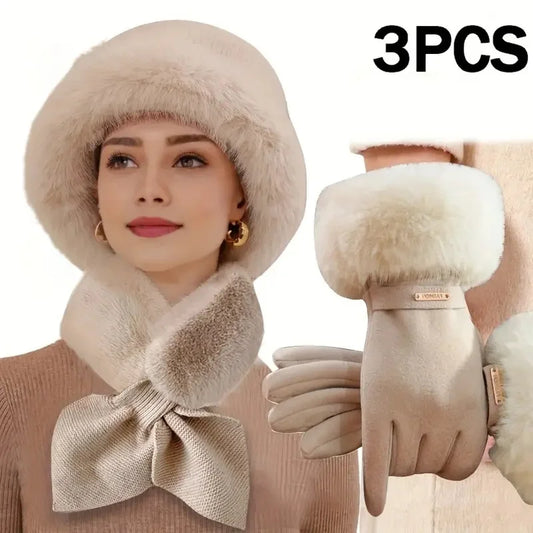 Conjunto de 3 piezas para mujer: gorro, guantes, bufanda y gorro de lana abrigados y resistentes al viento, ideales para actividades al aire libre y como regalo de Navidad.