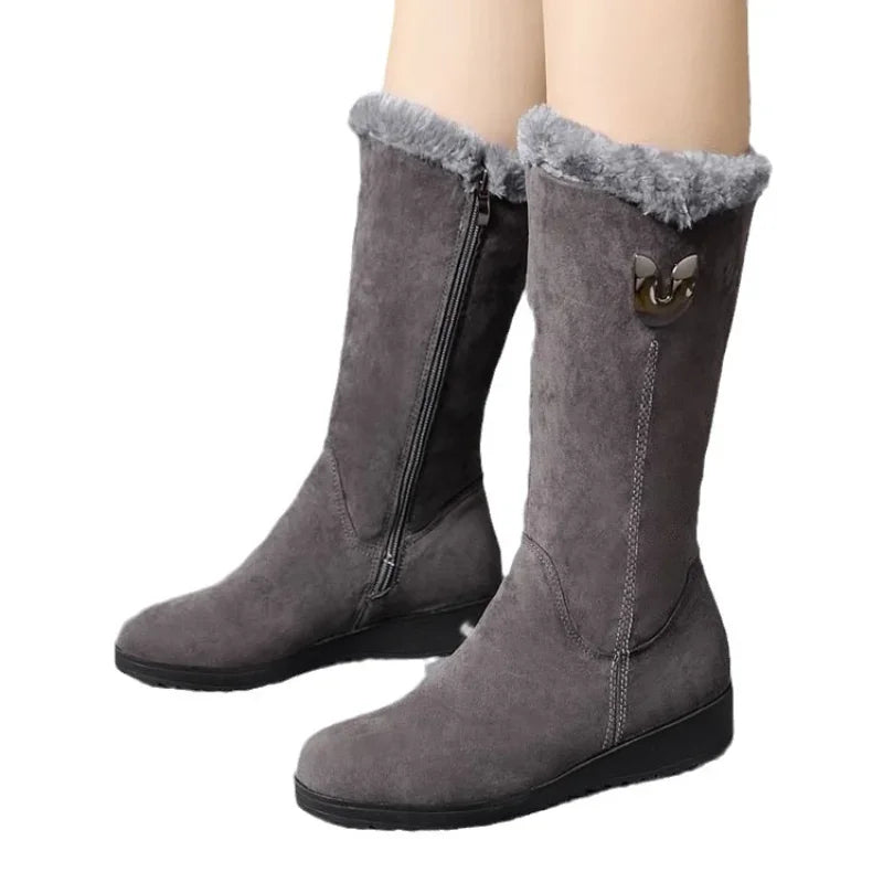 Women’s Winter Fur Boots – Cozy Flat Mid-Calf Design