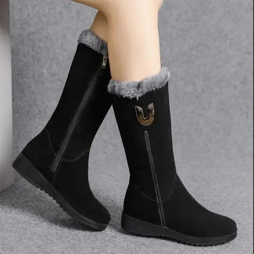 Women’s Winter Fur Boots – Cozy Flat Mid-Calf Design