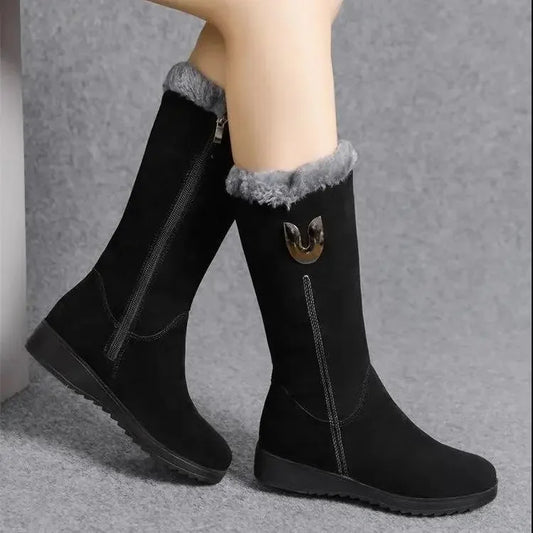 Women’s Winter Fur Boots – Cozy Flat Mid-Calf Design