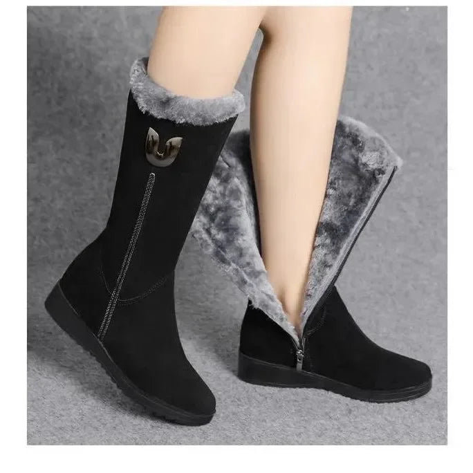 Women’s Winter Fur Boots – Cozy Flat Mid-Calf Design