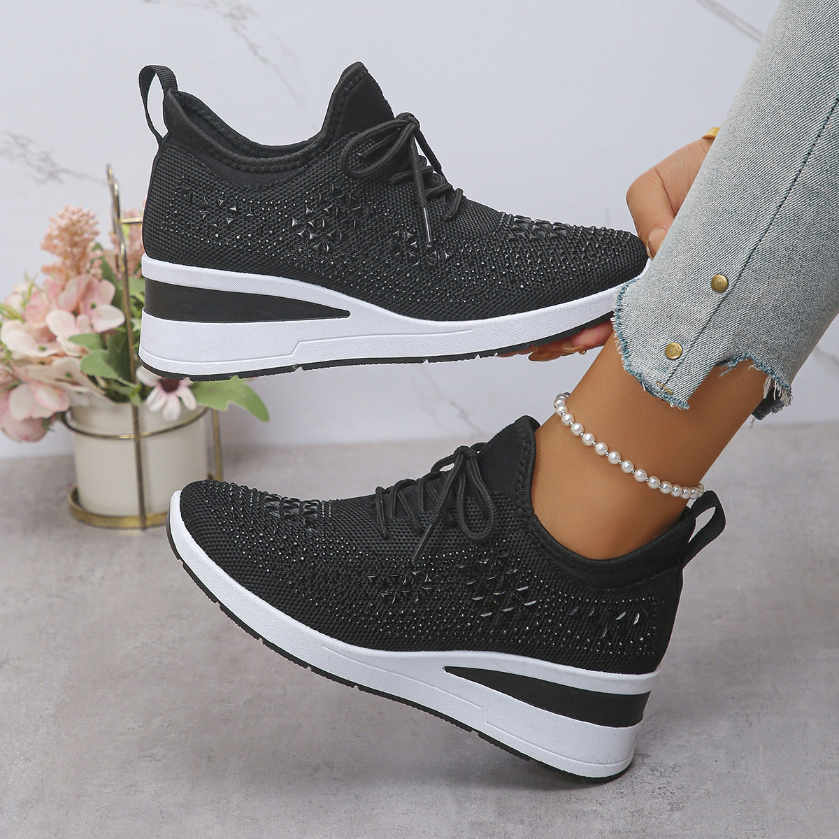 Women’s Rhinestone Wedge Sneakers – Fashion Lace-Up Casual Shoes