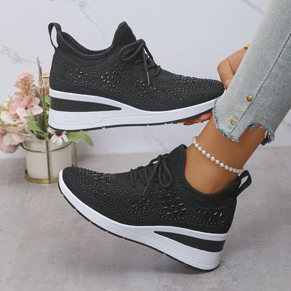 Women’s Rhinestone Wedge Sneakers – Fashion Lace-Up Casual Shoes