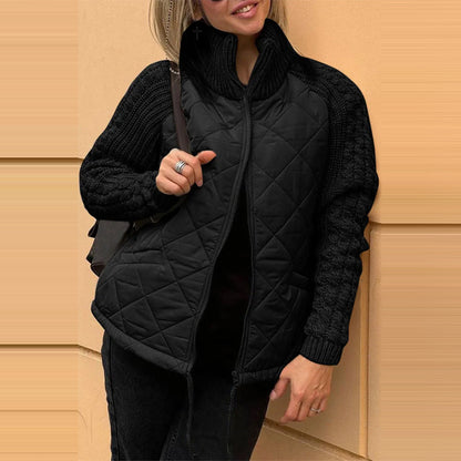 Women's Winter Stand Collar Cotton Jacket – Warm Knitted Stitch Zip Coat