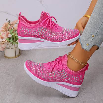 Women’s Rhinestone Wedge Sneakers – Fashion Lace-Up Casual Shoes