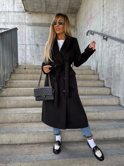 Women’s Double-Breasted Belted Winter Coat – Elegant Lapel Long Jacket